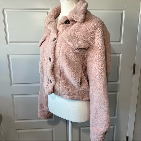 Fuzzy Teddy Bear Jacket Cropped Sherpa Coat Warm Winter Pink Size Small - Picture 2 of 7